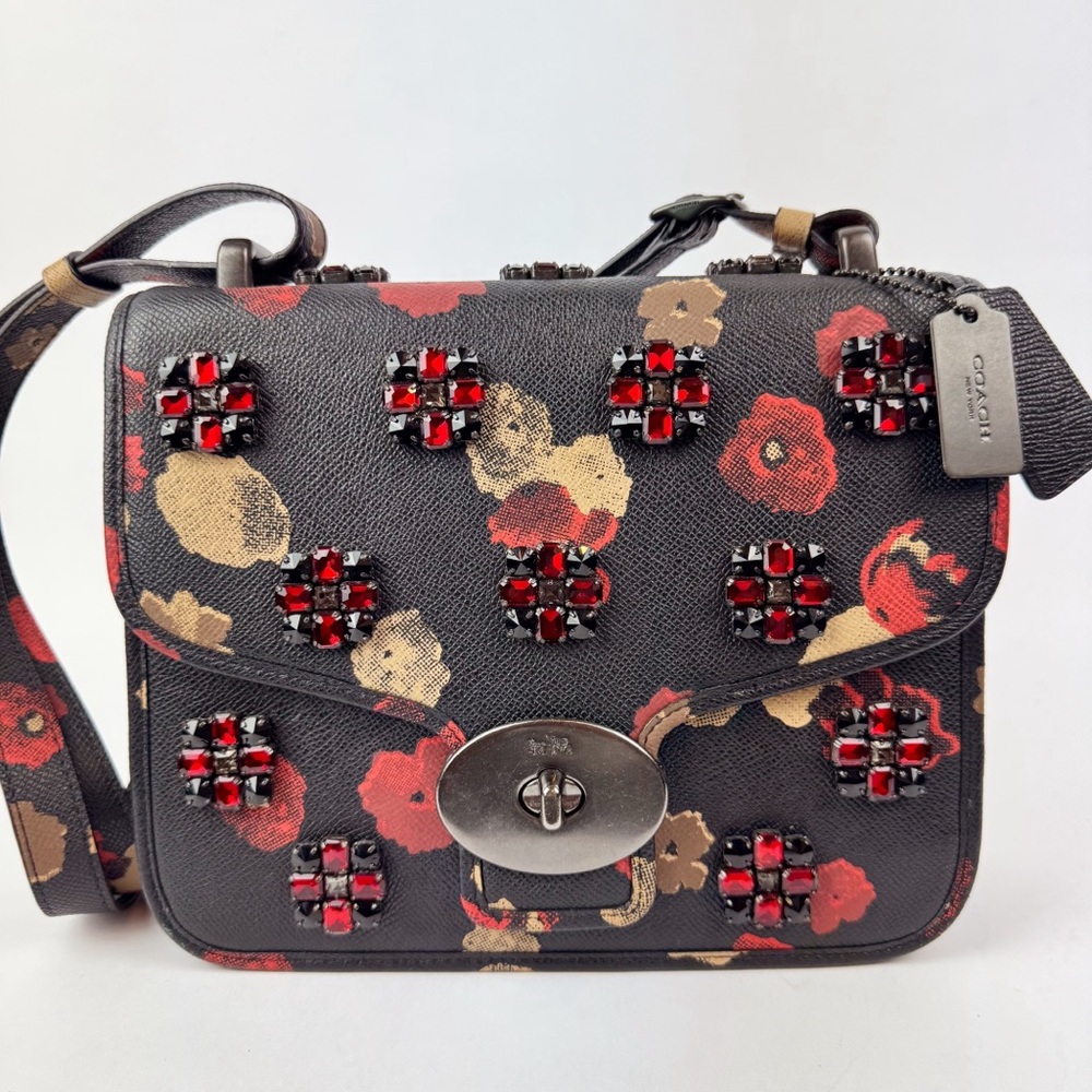 Coach Limited Edition Jeweled Page Black and Red Floral Shoulder Crossbody Bag
